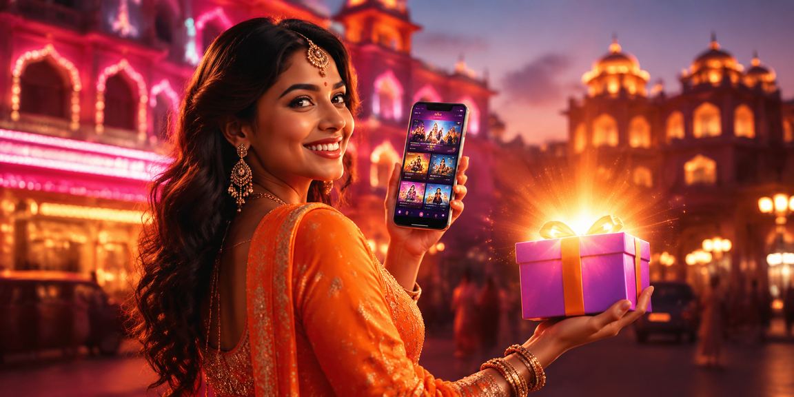 Playing Teen Patti on mobile with Bollywood backdrop